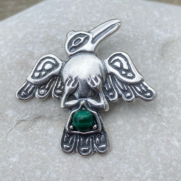 Raven Pendant .925 Sterling Silver w/ genuine Malachite gemstone USA - Picture 7 of 13